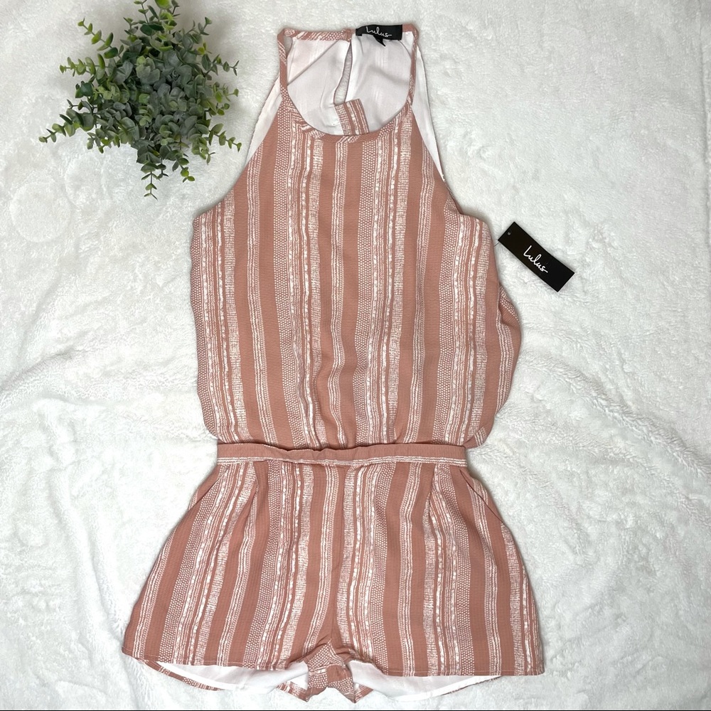Lulu’s See You Smile Blush Pink Striped Romper Small Sleeveless Shorts - Picture 3 of 8